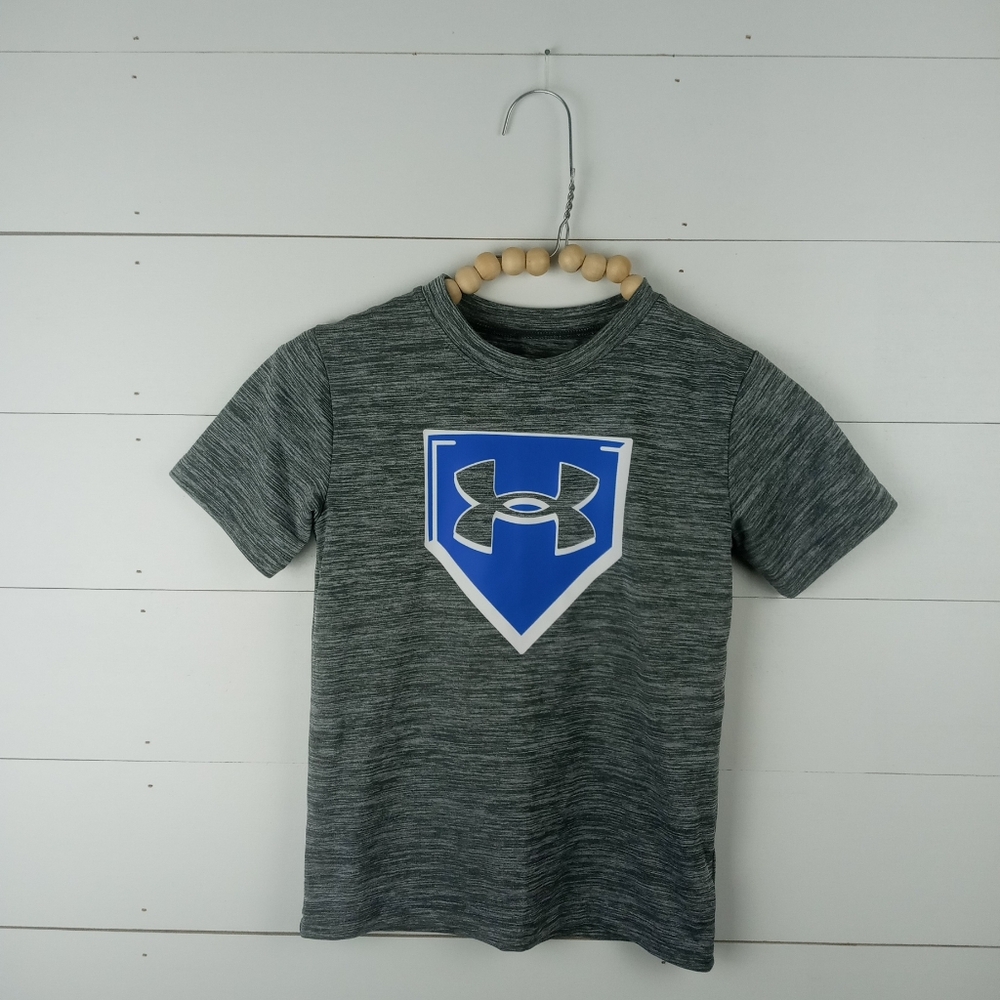 Under Armour boys size 5 gray and white spacedye neon blue white baseball design